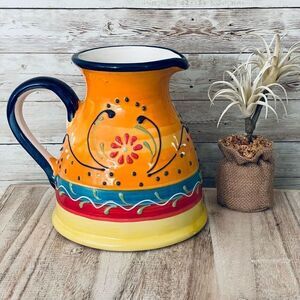 NWT Cerámicas Anoru S.L. Yellow Blue Hand Painted Ceramic Pitcher Made in Spain